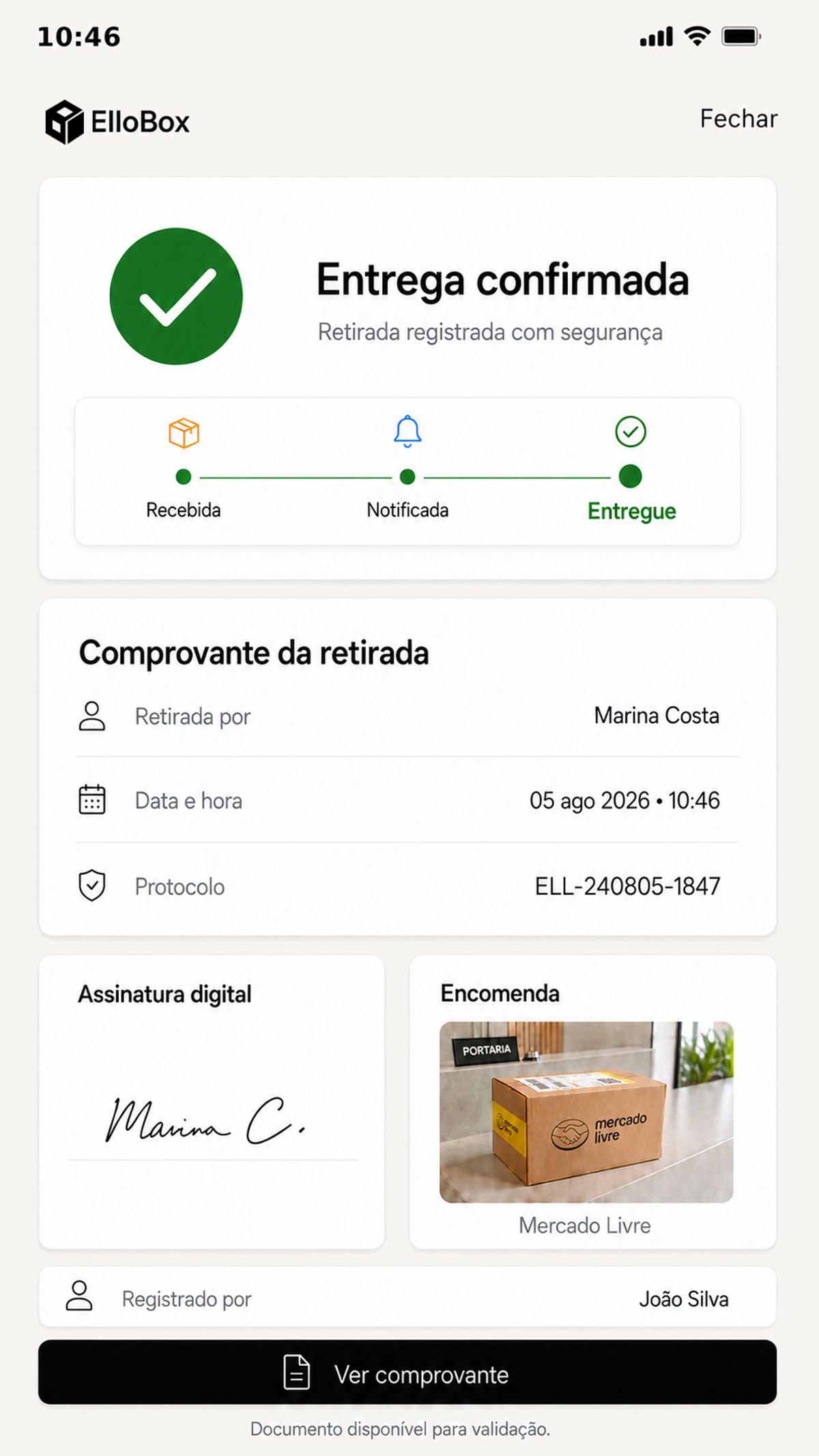 Tela de entrega concluída, com o histórico, o comprovante e a assinatura digital da retirada