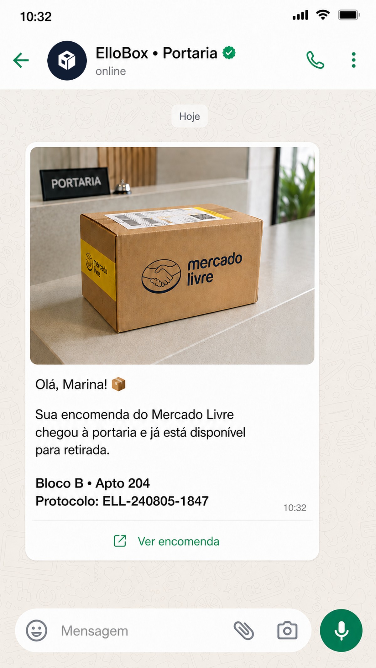 Notificação da ElloBox no WhatsApp avisando o morador que a encomenda chegou à portaria