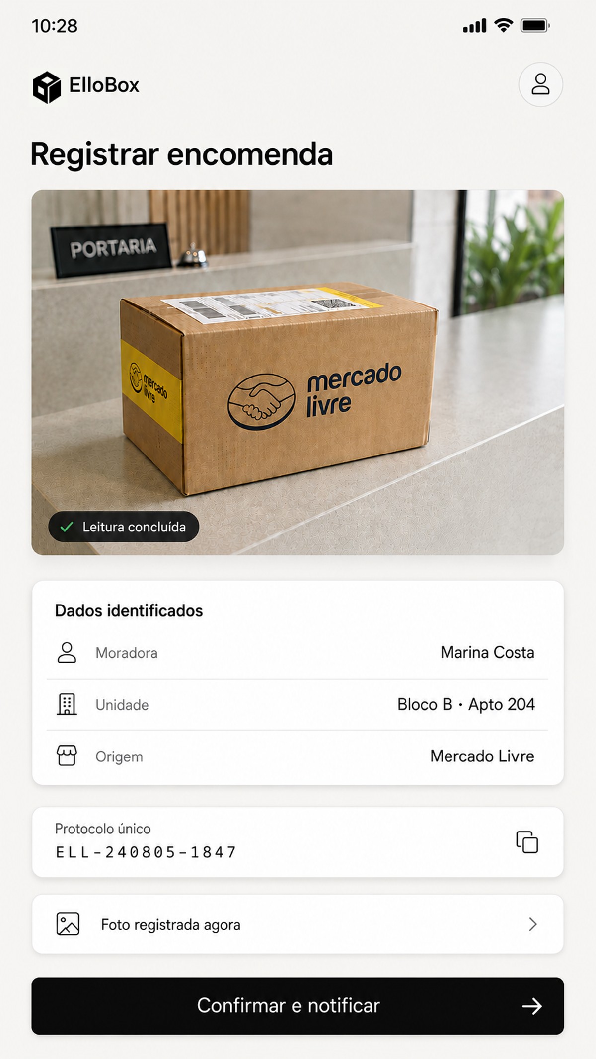 Tela de registro da encomenda pela portaria, com leitura automática dos dados do morador